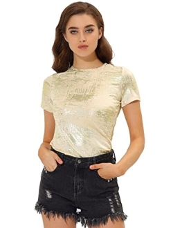 Women's Party Metallic Textured Short Sleeve Shiny Multicolor Top