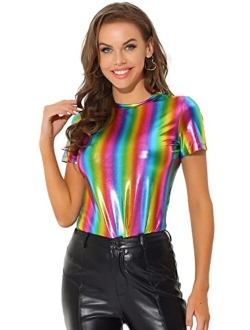 Women's Party Metallic Textured Short Sleeve Shiny Multicolor Top