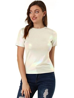 Women's Party Metallic Textured Short Sleeve Shiny Multicolor Top