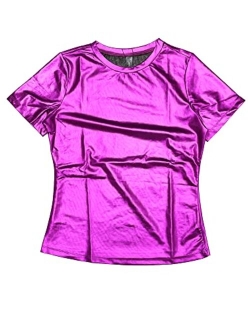 Women's Party Metallic Textured Short Sleeve Shiny Multicolor Top