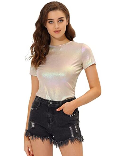 Allegra K Women's Party Metallic Textured Short Sleeve Shiny Multicolor Top