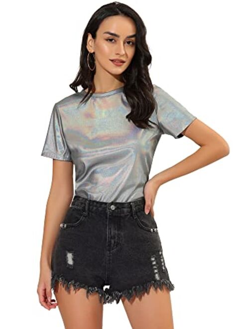 Allegra K Women's Party Metallic Textured Short Sleeve Shiny Multicolor Top