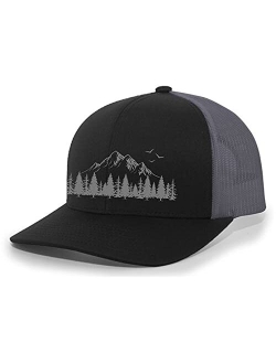 Mountain Scene Tamarak Pine Forest Embroidered Mesh Back Trucker Hat