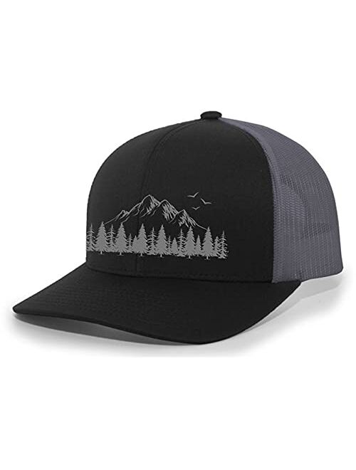 Heritage Pride Mountain Scene Tamarak Pine Forest Embroidered Mesh Back Trucker Hat