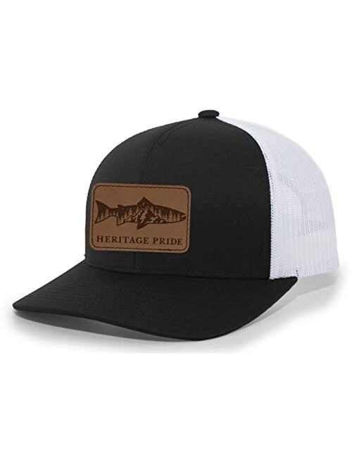 Heritage Pride Scenic Trout Engraved Leather Patch Mens Trucker Hat Baseball Cap