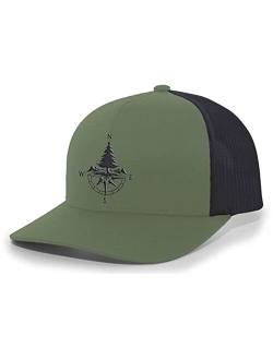 Compass and Pine Tree Nature Mens Embroidered Mesh Back Trucker Hat Baseball Cap