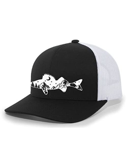 Freshwater Fish Forest Mountain Scenic Walleye Mens Embroidered Mesh Back Trucker Hat