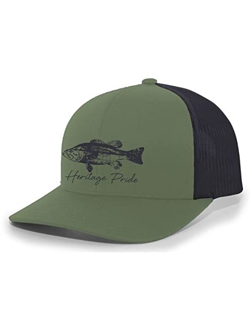 Heritage Pride Freshwater Fish Lake Fishing Silhouette Script Mens Embroidered Mesh Back Trucker Hat Baseball Cap