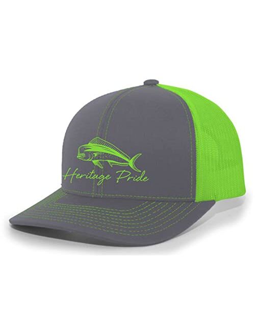 Heritage Pride Freshwater Fish Lake Fishing Silhouette Script Mens Embroidered Mesh Back Trucker Hat Baseball Cap