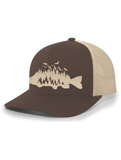 Mens Trout Fishing Hat Embroidered Fish Mountain Forest Tamarack Mens Mesh Back Trucker Hat Baseball Cap