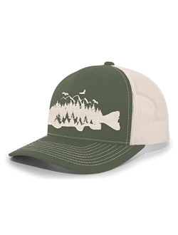 Mens Trout Fishing Hat Embroidered Fish Mountain Forest Tamarack Mens Mesh Back Trucker Hat Baseball Cap