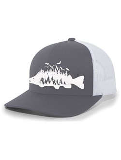 Mens Trout Fishing Hat Embroidered Fish Mountain Forest Tamarack Mens Mesh Back Trucker Hat Baseball Cap