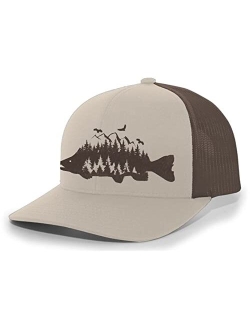 Mens Trout Fishing Hat Embroidered Fish Mountain Forest Tamarack Mens Mesh Back Trucker Hat Baseball Cap