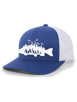 Mens Trout Fishing Hat Embroidered Fish Mountain Forest Tamarack Mens Mesh Back Trucker Hat Baseball Cap