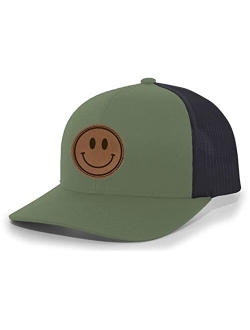 Happy Face Smile Leather Patch Mens Trucker Hat Baseball Cap