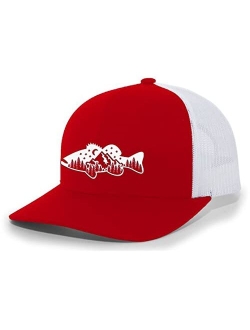 Freshwater Fish Forest Mountain Scenic Largemouth Bass Mens Embroidered Mesh Back Trucker Hat