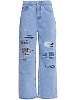 distressed knit-layered wide jeans