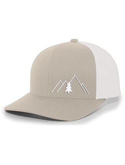 Simple Scenic Mountain Pine Tree Mens Embroidered Mesh Back Trucker Hat Baseball Cap