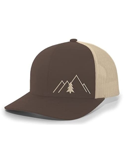 Simple Scenic Mountain Pine Tree Mens Embroidered Mesh Back Trucker Hat Baseball Cap