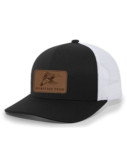 Flying Duck Engraved Leather Patch Mens Trucker Hat Baseball Cap