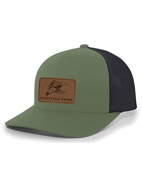 Heritage Pride Flying Duck Engraved Leather Patch Mens Trucker Hat Baseball Cap