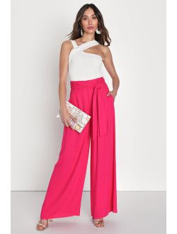 Upgraded Aura Hot Pink Linen High-Waisted Wide-Leg Pants