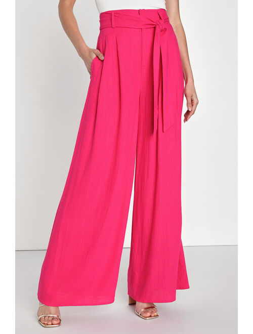 Lulus Upgraded Aura Hot Pink Linen High-Waisted Wide-Leg Pants