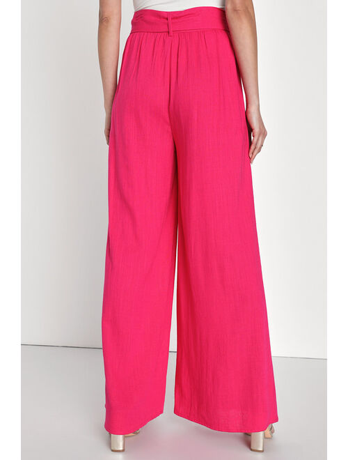 Lulus Upgraded Aura Hot Pink Linen High-Waisted Wide-Leg Pants