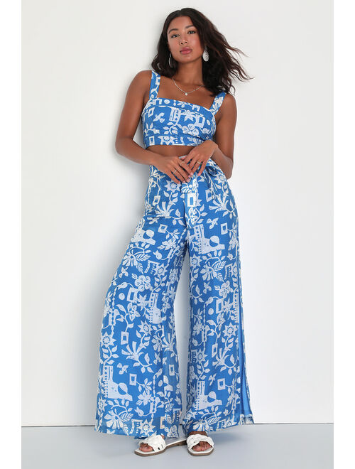 Lulus Sweet Retreat Blue Print Slit Wide-Leg Pants