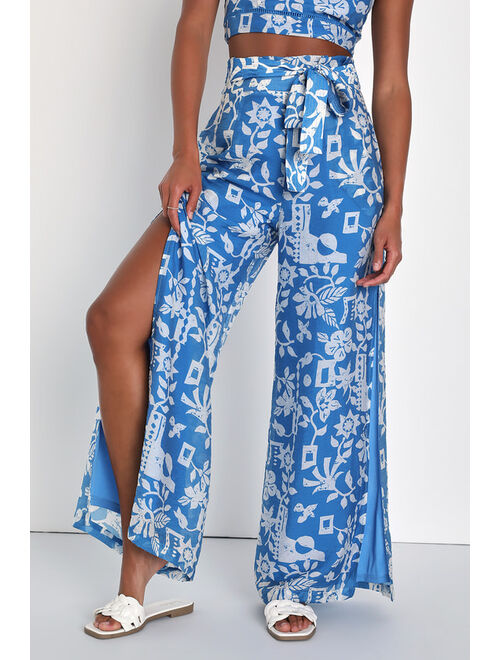 Lulus Sweet Retreat Blue Print Slit Wide-Leg Pants