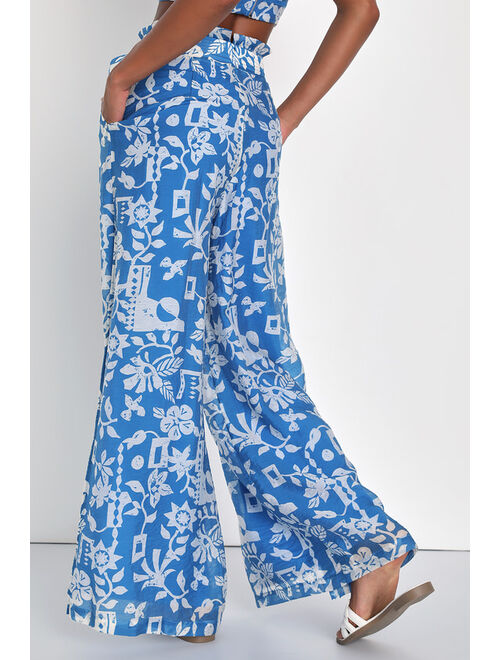 Lulus Sweet Retreat Blue Print Slit Wide-Leg Pants