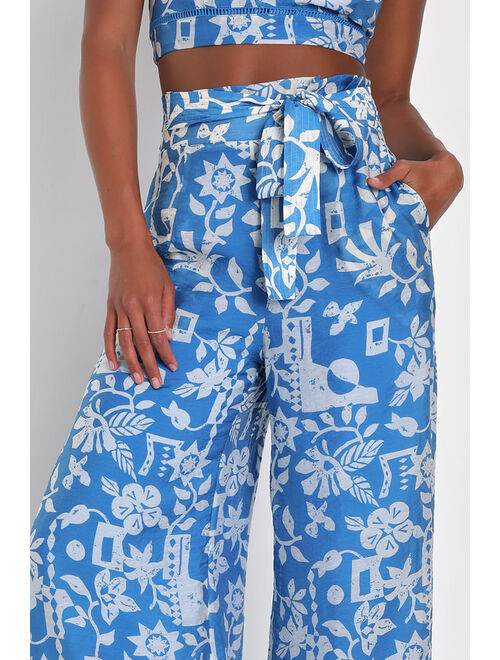 Lulus Sweet Retreat Blue Print Slit Wide-Leg Pants