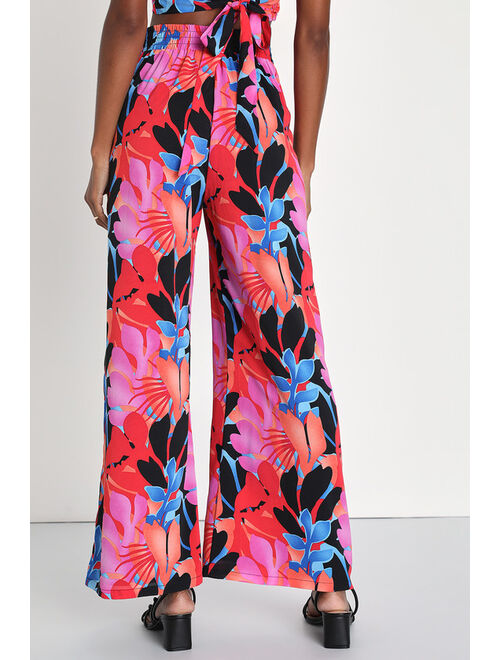 Lulus Island Aesthetic Pink Multi Floral High-Waisted Wide-Leg Pants