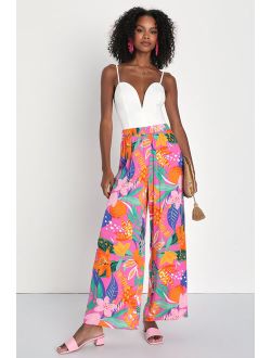 Spontaneous Sweetie Pink Multi Tropical Print Wide Leg Pants