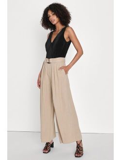 Effortless Appearance Beige Linen Belted Wide-Leg Pants