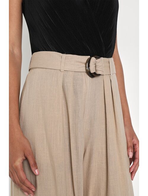 Lulus Effortless Appearance Beige Linen Belted Wide-Leg Pants