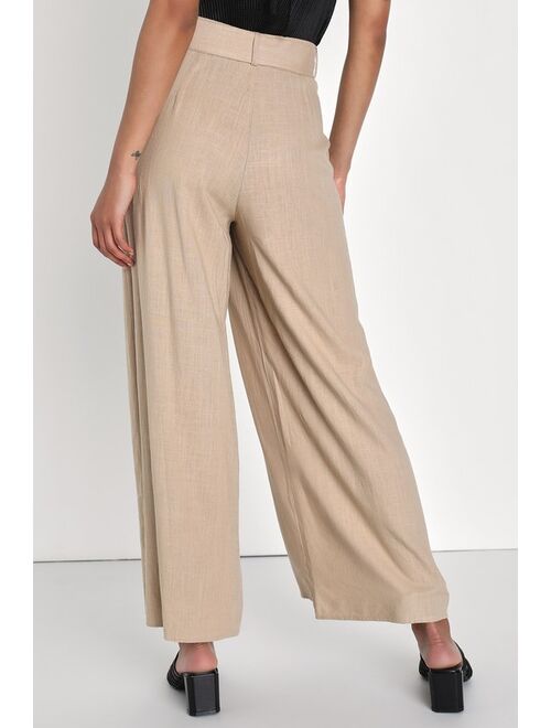 Lulus Effortless Appearance Beige Linen Belted Wide-Leg Pants