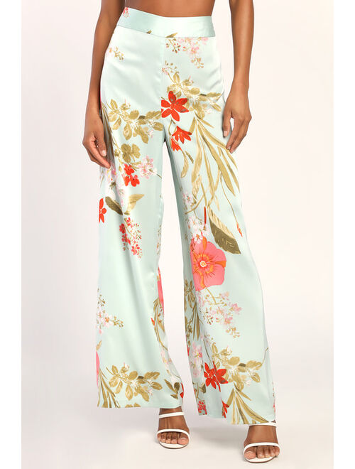 Lulus Thriving Vibes Mint Green Floral Print Satin Wide-Leg Pants