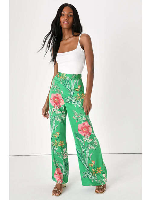 Lulus Thriving Vibes Mint Green Floral Print Satin Wide-Leg Pants