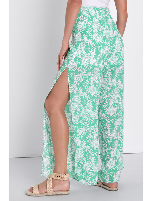 Lulus Hey Vacay Green Tropical Print Wide-Leg Pants