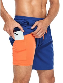 Komorebi Mens Swim Trunks with Compression Liner 7 Inch Inseam Boxer Brief Liner