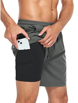 Komorebi Mens Swim Trunks with Compression Liner 7 Inch Inseam Boxer Brief Liner