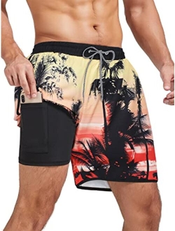 Komorebi Mens Swim Trunks with Compression Liner 7 Inch Inseam Boxer Brief Liner