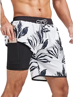 Komorebi Mens Swim Trunks with Compression Liner 7 Inch Inseam Boxer Brief Liner