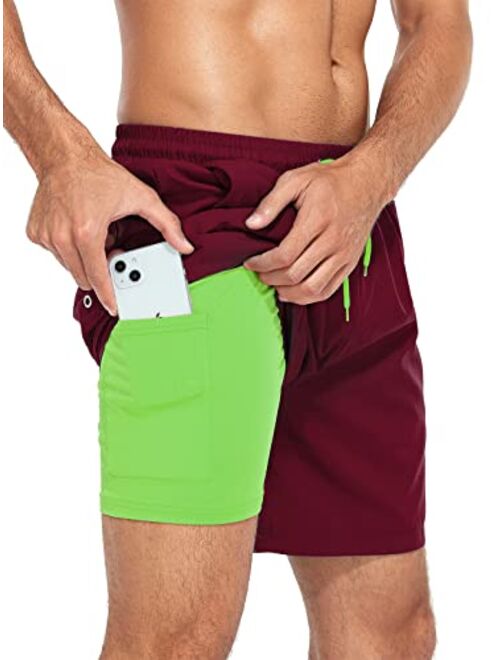 Komorebi Mens Swim Trunks with Compression Liner 7 Inch Inseam Boxer Brief Liner