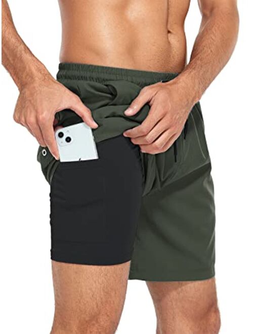 Komorebi Mens Swim Trunks with Compression Liner 7 Inch Inseam Boxer Brief Liner