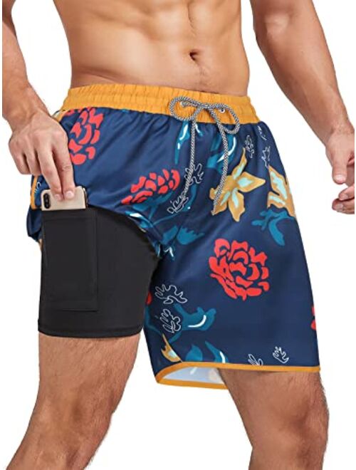 Komorebi Mens Swim Trunks with Compression Liner 7 Inch Inseam Boxer Brief Liner