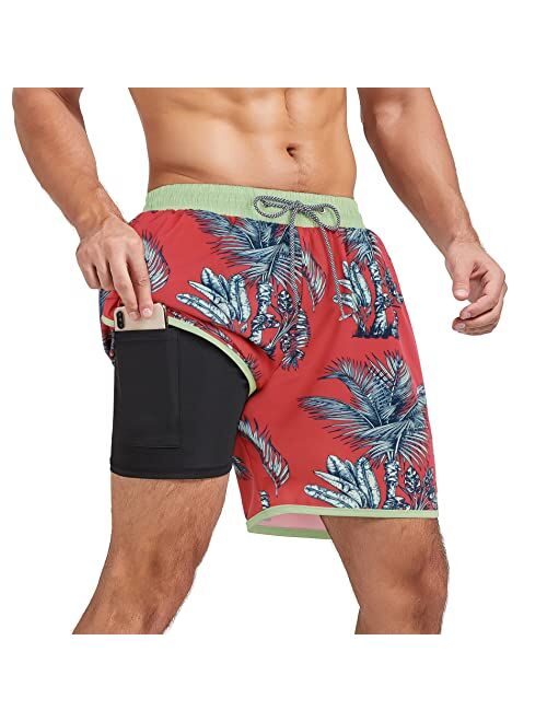 Komorebi Mens Swim Trunks with Compression Liner 7 Inch Inseam Boxer Brief Liner