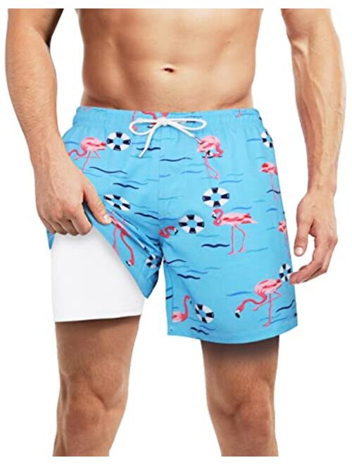 LUCOWEE Mens Swim Trunks with Compression Liner Anti Chafe Quick Dry UPF 50+ Swimming Shorts 5" 7" Inseam Bathing Suit