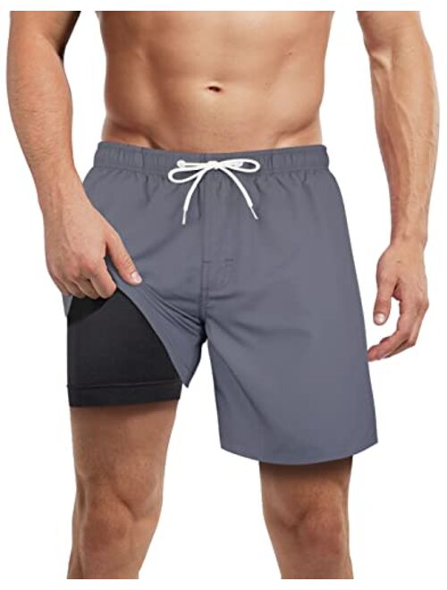 LUCOWEE Mens Swim Trunks with Compression Liner Anti Chafe Quick Dry UPF 50+ Swimming Shorts 5" 7" Inseam Bathing Suit